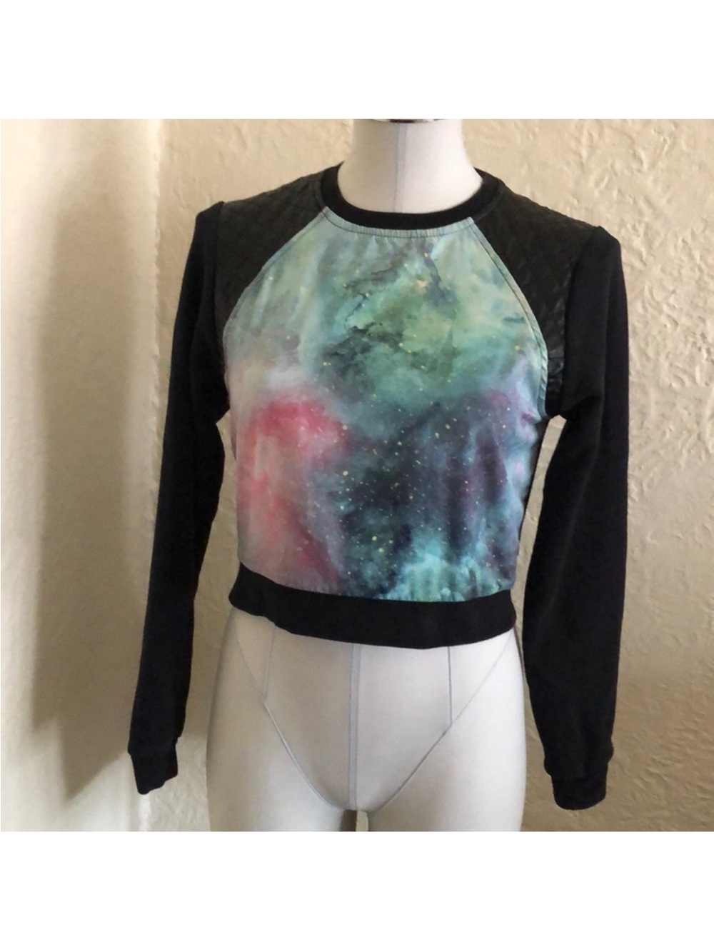 PacSun Galaxy Faux Leather Cropped Sweatshirt Black Green Pink Starry Sky tumblr